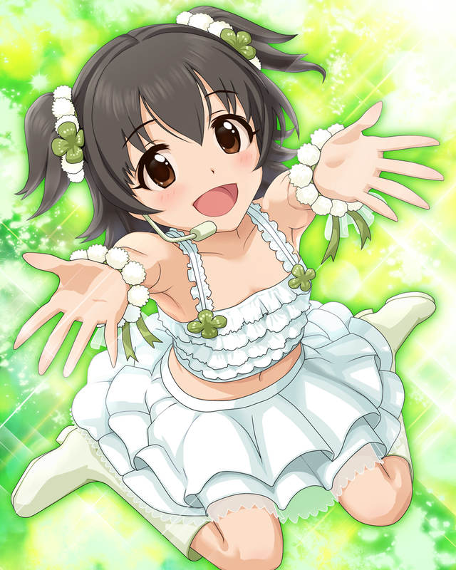 1girl akagi_miria artist_request black_hair blush brown_eyes crop_top headset idolmaster idolmaster_cinderella_girls looking_at_viewer midriff navel official_art open_mouth outstretched_arms sitting skirt smile twintails wariza