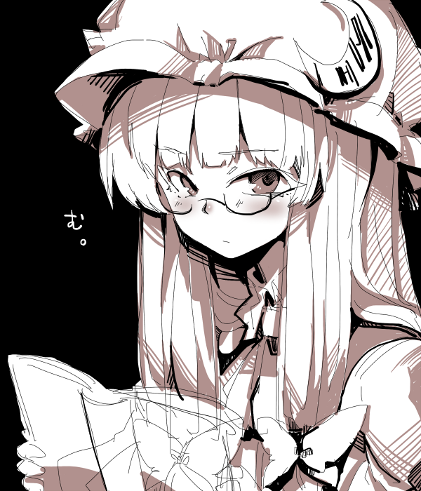 1girl bespectacled blush book bow crescent glasses hair_bow hat long_hair looking_at_viewer mizuga monochrome patchouli_knowledge payot semi-rimless_glasses solo touhou under-rim_glasses