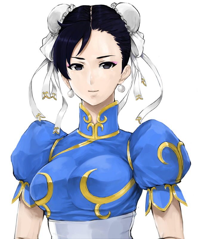 black_hair bun_cover china_dress chinese_clothes chun-li double_bun earrings eyeliner jewelry lips madarame makeup smile solo street_fighter street_fighter_ii