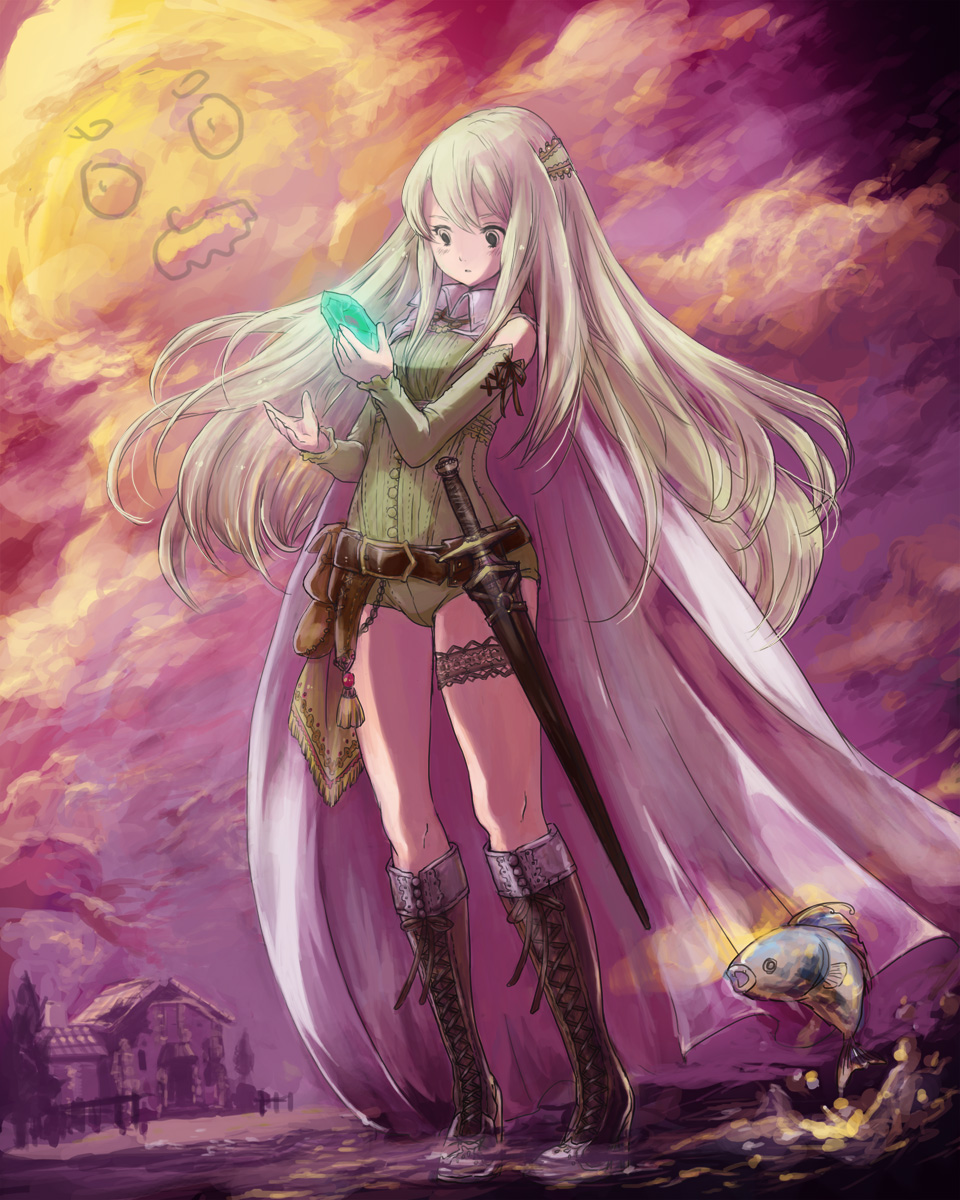 1girl belt blonde_hair boots brown_boots celes_chere clouds cross-laced_footwear detached_sleeves final_fantasy final_fantasy_vi fish gem highres holding house long_hair purple purple_background solo standing sword thigh_strap twilight umeda_yoshio weapon
