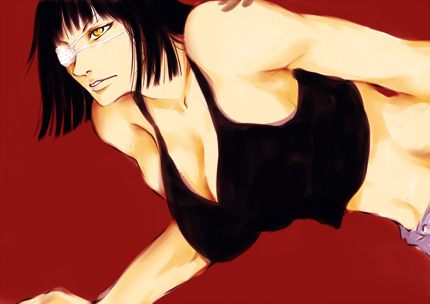 1girl black_hair breasts cleavage down_blouse exercise eyepatch jormungand large_breasts push-ups short_hair sofia_valmer solo tank_top tattoo wu!mf