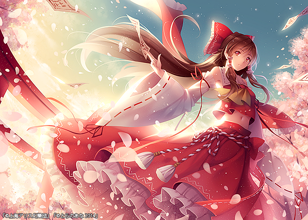 1girl bow brown_hair cherry_blossoms detached_sleeves hair_bow hair_tubes hakurei_reimu long_hair long_sleeves looking_at_viewer midriff navel nontraditional_miko petals red_eyes shirt skirt skirt_set sky solo spell_card sunset tidsean torii touhou tree very_long_hair wide_sleeves