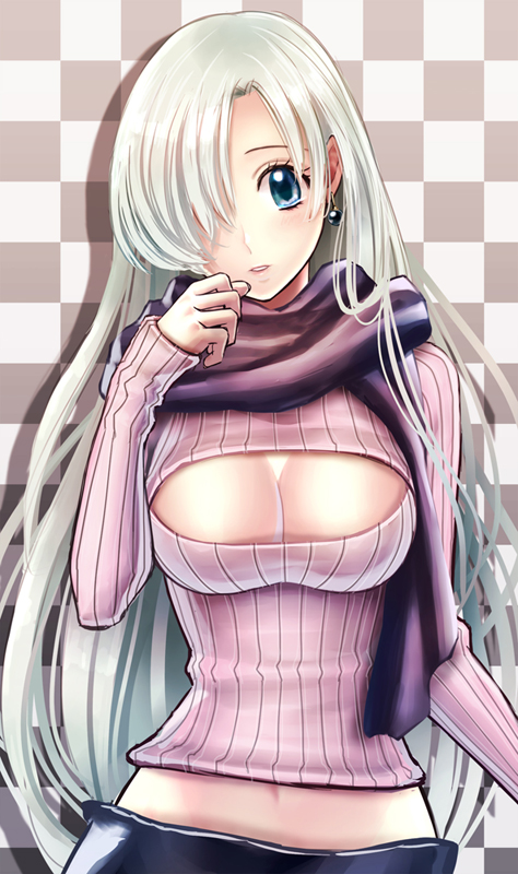 1girl black_scarf blue_eyes breasts checkered checkered_background cleavage cleavage_cutout earrings elizabeth_liones hair_over_one_eye haru_(toyst) head_tilt jewelry large_breasts long_hair looking_at_viewer meme_attire midriff nanatsu_no_taizai navel open-chest_sweater parted_lips pink_sweater ribbed_sweater scarf silver_hair solo stomach sweater turtleneck turtleneck_sweater upper_body very_long_hair