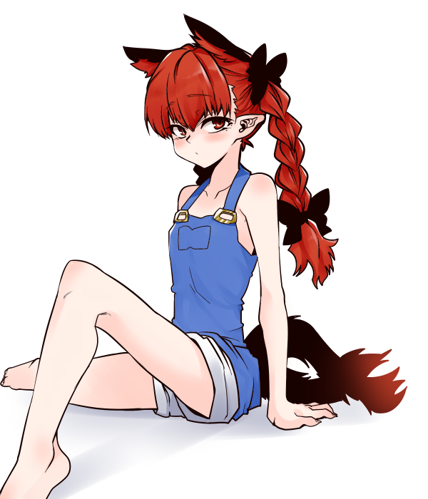 1girl animal_ears arm_support bow braid cat_ears extra_ears hair_bow kaenbyou_rin long_hair looking_at_viewer mizuga multiple_tails naked_overalls overalls red_eyes redhead rolled_pants_legs simple_background sitting solo suspenders tail touhou twin_braids white_background