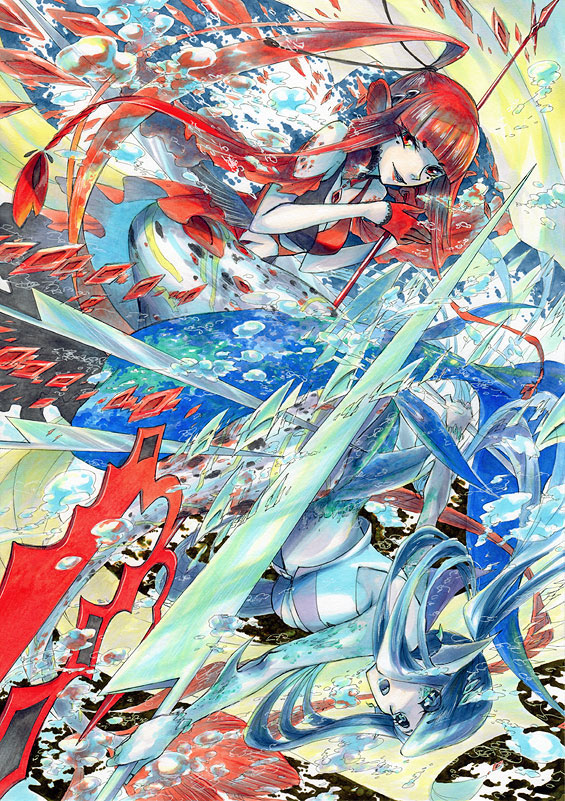 2girls azuma_shima ballpoint_pen_(medium) bare_shoulders blade blue_eyes blue_hair blue_skin breasts bubble cleavage dual_wielding fish gills gloves head_fins jewelry lipstick long_hair makeup marker_(medium) mermaid monster_girl multiple_girls open_mouth original pendant polearm red_eyes redhead rotational_symmetry scales short_eyebrows sideboob smile traditional_media trident underwater upside-down water weapon