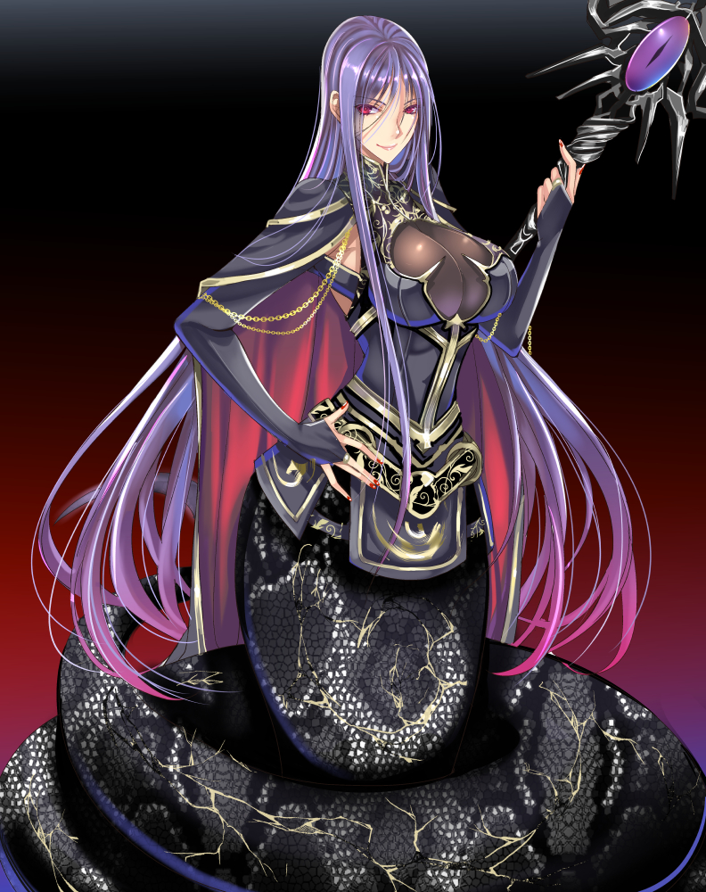 breast_veil breasts capelet chain cleavage cleavage_cutout ears glowing glowing_eyes gradient gradient_background hand_on_hip lamia large_breasts long_hair monster_girl mugenshiki nail_polish original purple_hair smile sorceress staff sword_world sword_world_2.0 very_long_hair violet_eyes
