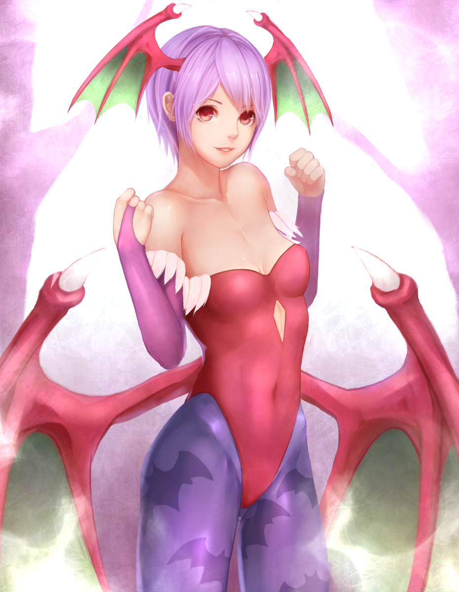 1girl bat_print bat_wings bridal_gauntlets demon_girl flat_chest head_wings leotard lilith_aensland pantyhose print_legwear purple_hair red_eyes short_hair stnading succubus vampire_(game) wings yazuwo