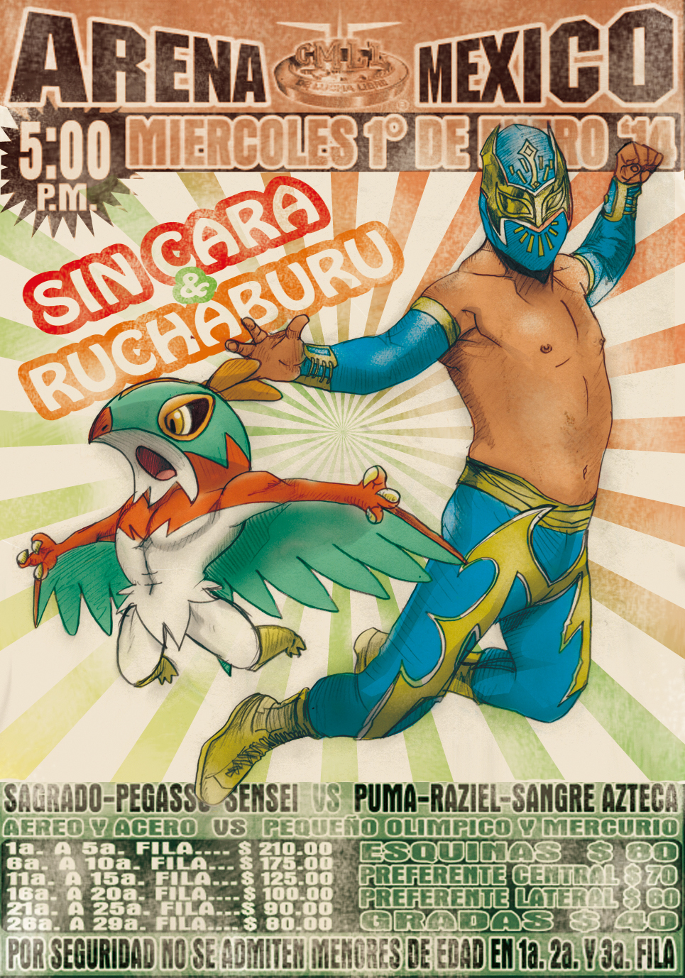 1boy crossover detached_sleeves hawlucha highres mask monji619 pokemon poster sin_cara spanish translation_request wwe