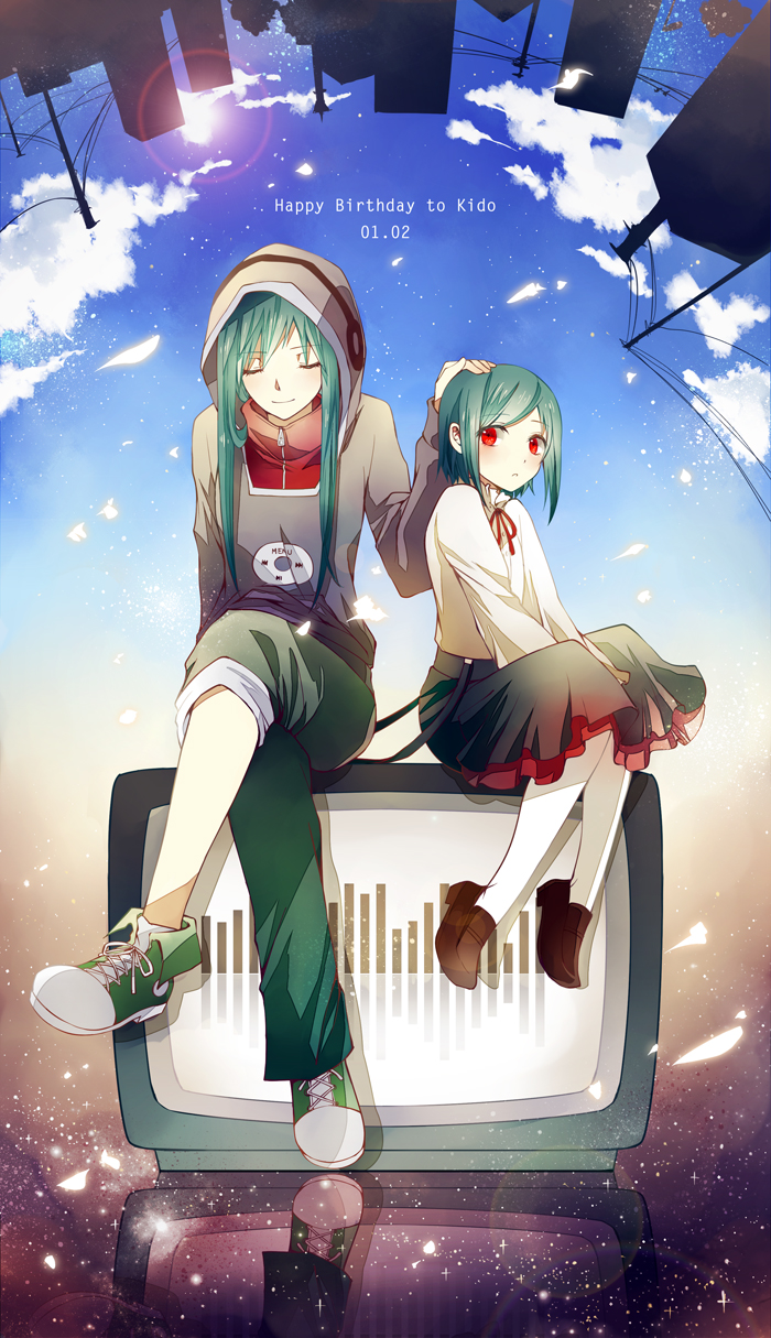 1girl alternate_costume alternate_hair_length alternate_hairstyle cityscape closed_eyes clouds crossed_legs dual_persona green_hair hand_on_head highres hoodie kagerou_project kido_tsubomi long_hair red_eyes short_hair sitting skirt sky smile television time_paradox v_arms winniconan younger