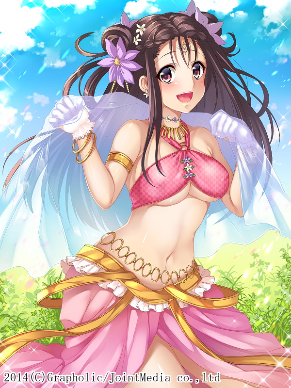 1girl akashi15 bracelet breasts brown_hair flower gloves hair_flower hair_ornament happy jewelry long_hair navel_cutout necklace open_mouth original skirt sky solo under_boob violet_eyes