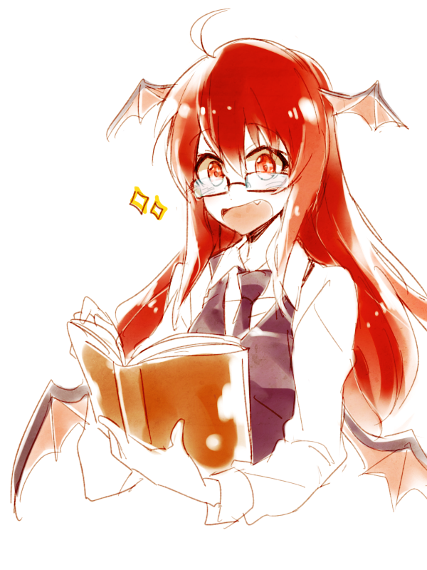 1girl ahoge bat_wings bespectacled book bust fang glasses head_wings koakuma long_hair low_wings open_book reading red_eyes redhead semi-rimless_glasses six_(fnrptal1010) smile solo touhou under-rim_glasses wings