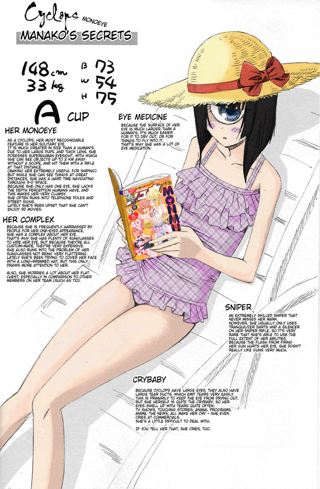 1girl black_hair blue_eyes blush cyclops frilled_swimsuit frills hard_translated hat inui_takemaru manako measurements monster_girl monster_musume_no_iru_nichijou one-eyed one-piece_swimsuit reading short_hair solo sun_hat swimsuit translated