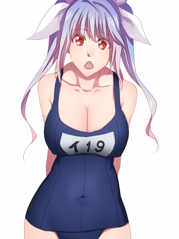 1girl arms_behind_back blue_hair breasts cleavage gradient_hair i-19_(kantai_collection) kantai_collection large_breasts long_hair looking_at_viewer multicolored_hair open_mouth personification pink_hair red_eyes school_swimsuit simple_background solo star star-shaped_pupils swimsuit symbol-shaped_pupils twintails u_rei_3 white_background