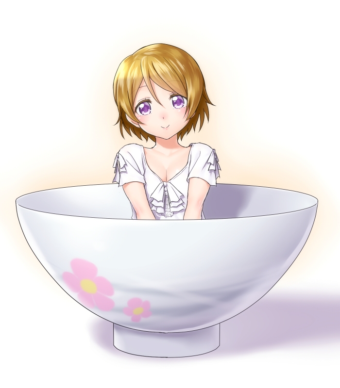 1girl bowl brown_hair dress in_bowl in_container koizumi_hanayo looking_at_viewer love_live!_school_idol_project onsoku_maru short_hair smile solo violet_eyes