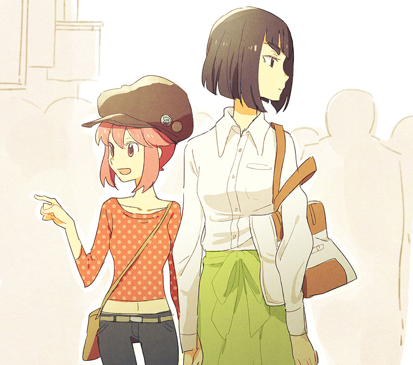 2girls alternate_costume bag black_hair casual hat jakuzure_nonon kill_la_kill kiryuuin_satsuki multiple_girls pink_hair pointing short_hair shoulder_bag spoilers zipon