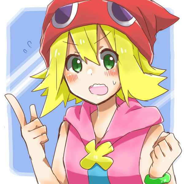 1girl amitie blonde_hair flipped_hair green_eyes hat hoodie puyopuyo puyopuyo_fever short_hair sleeveless sleeveless_shirt solo