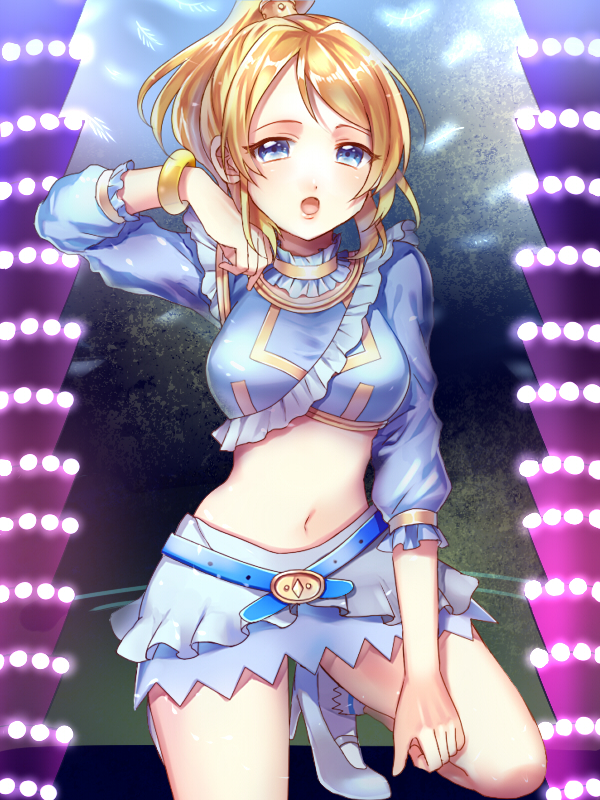 1girl alternate_costume anmiko ayase_eli belt blonde_hair blue_eyes breasts high_heels long_hair love_live!_school_idol_project midriff navel open_mouth ponytail solo