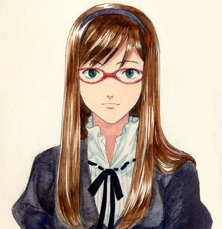 1girl alternate_hairstyle ayanashi_kunio blue_eyes brown_hair glasses hair_down hairband long_hair lowres makinami_mari_illustrious neon_genesis_evangelion rebuild_of_evangelion red-framed_glasses smile solo