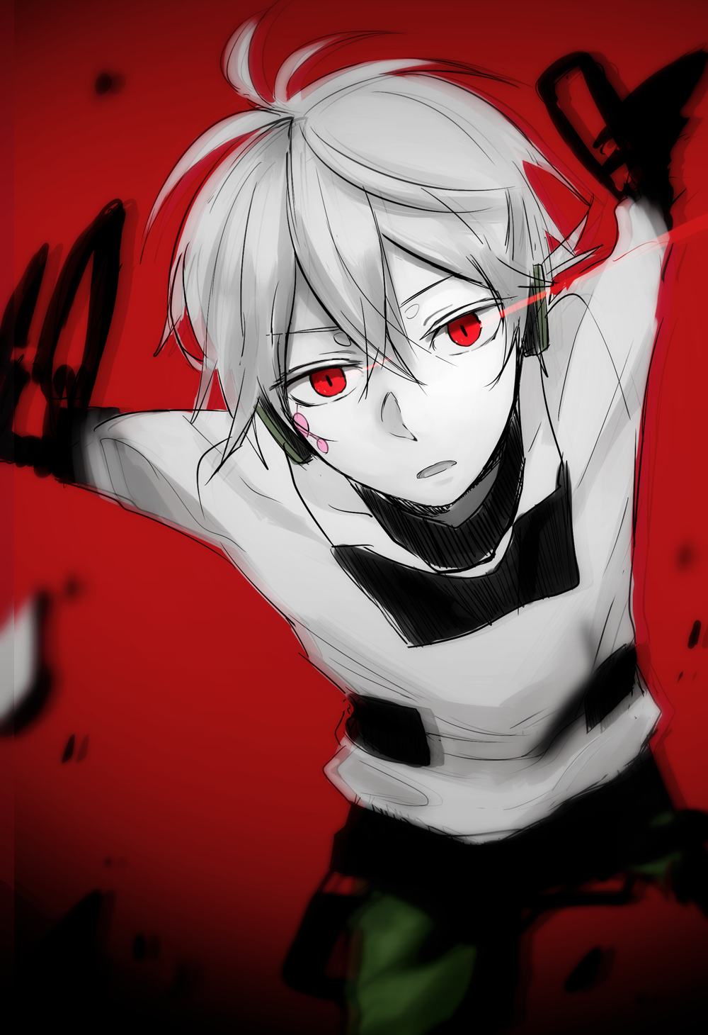 1boy highres kagerou_project konoha_(kagerou_project) ponytail red_eyes saree_m solo tearing white_hair
