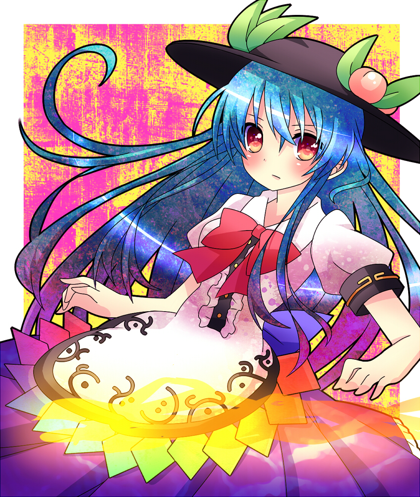 1girl blue_hair bow dress food fruit hat hinanawi_tenshi long_hair oruga_(oruoruga) peach red_eyes scarlet_weather_rhapsody short_sleeves solo touhou