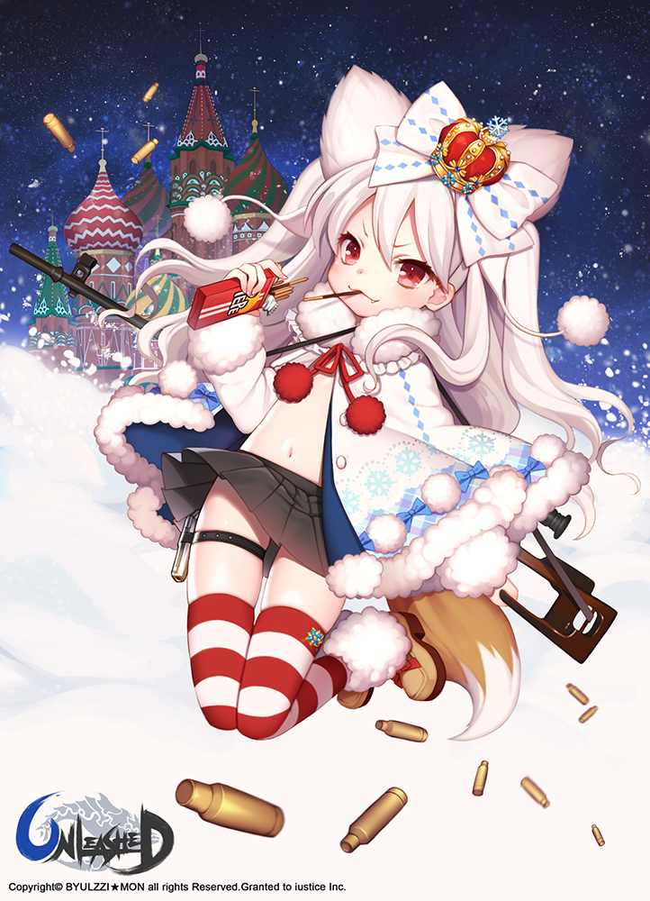 1girl bow bullet byulzzimon capelet child crown fang fox_tail gun hair_bow long_hair navel original pocky red_eyes russia snow solo striped striped_legwear tail thigh-highs unleashed weapon white_hair