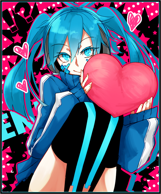 !? 1girl blue_eyes blue_hair ene_(kagerou_project) headphones heart kagerou_project long_hair skirt smile tong1494 twintails