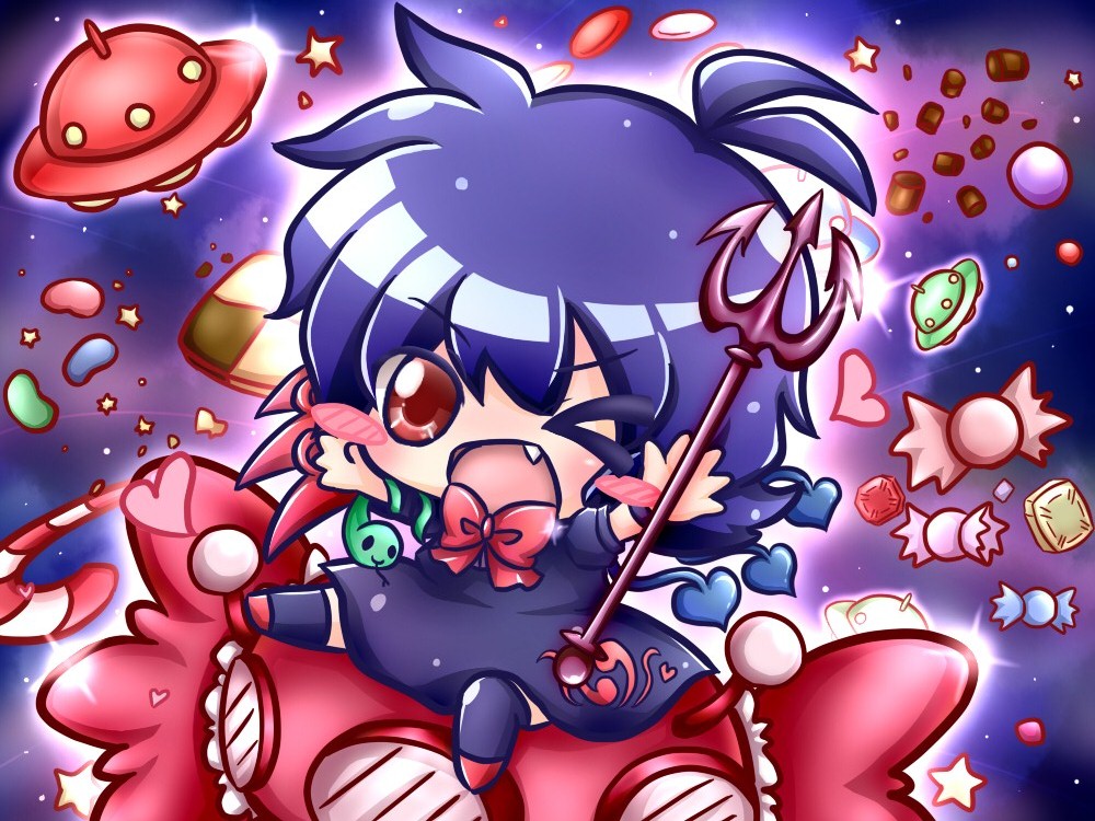 1girl asymmetrical_wings biscuit black_hair blush candy chibi chocolate fang houjuu_nue open_mouth polearm red_eyes ribbon riding ritateo short_hair snake space star touhou trident ufo weapon wings wink