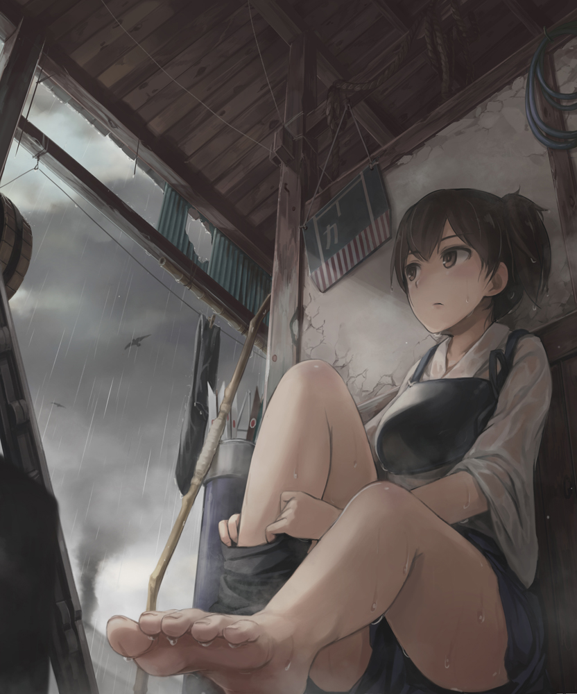 1girl against_wall barefoot bird black_legwear bow_(weapon) brown_eyes brown_hair from_below indoors kaga_(kantai_collection) kantai_collection lif looking_outside muneate personification quiver rain short_hair silhouette sitting smoke solo undressing weapon wet