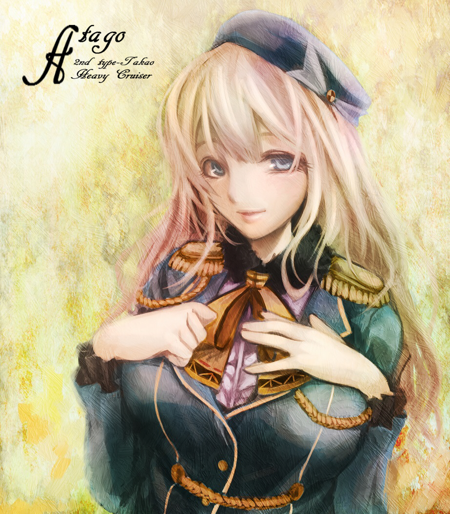 1girl atago_(kantai_collection) beret blonde_hair breasts bust character_name hat kantai_collection long_hair looking_at_viewer military military_uniform no_gloves personification smile solo terabyte_(rook777) uniform