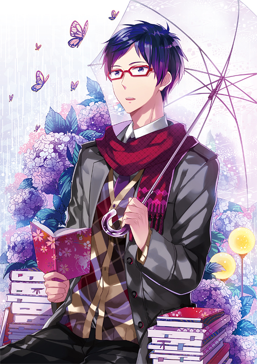 1boy blue_eyes blue_hair book butterfly foxcc free! glasses lilac male open_book red-framed_glasses ryuugazaki_rei scarf umbrella