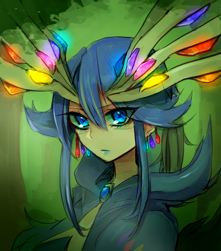 antlers blue_eyes blue_hair earrings eyelashes jewelry lgw7 personification pokemon pokemon_(game) pokemon_xy solo symbol-shaped_pupils x_x xerneas