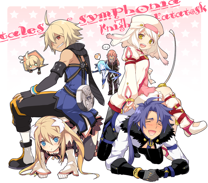 3boys 3girls :t alice_(tales) all_fours aqua_(tales) blonde_hair bloomers blue_eyes blue_hair blush boots brown_hair capri_pants closed_eyes copyright_name decus emil_castagnier gloves knee_boots l_(matador) long_hair marta_lualdi multiple_boys multiple_girls pants ponytail purple_hair rapier red_eyes redhead richter_abend shoes short_hair sitting sitting_on_person sweat sword tales_of_(series) tales_of_symphonia tales_of_symphonia_knight_of_ratatosk underwear veil weapon yellow_eyes