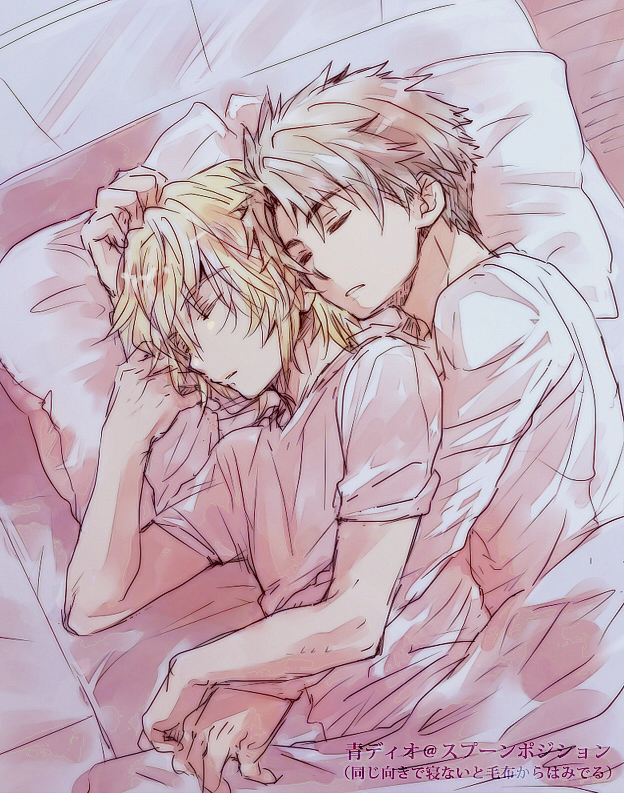 2boys bed blonde_hair buddy_complex himame jyunyou_dio_weinburg multiple_boys pillow short_hair sleeping spooning watase_aoba yaoi