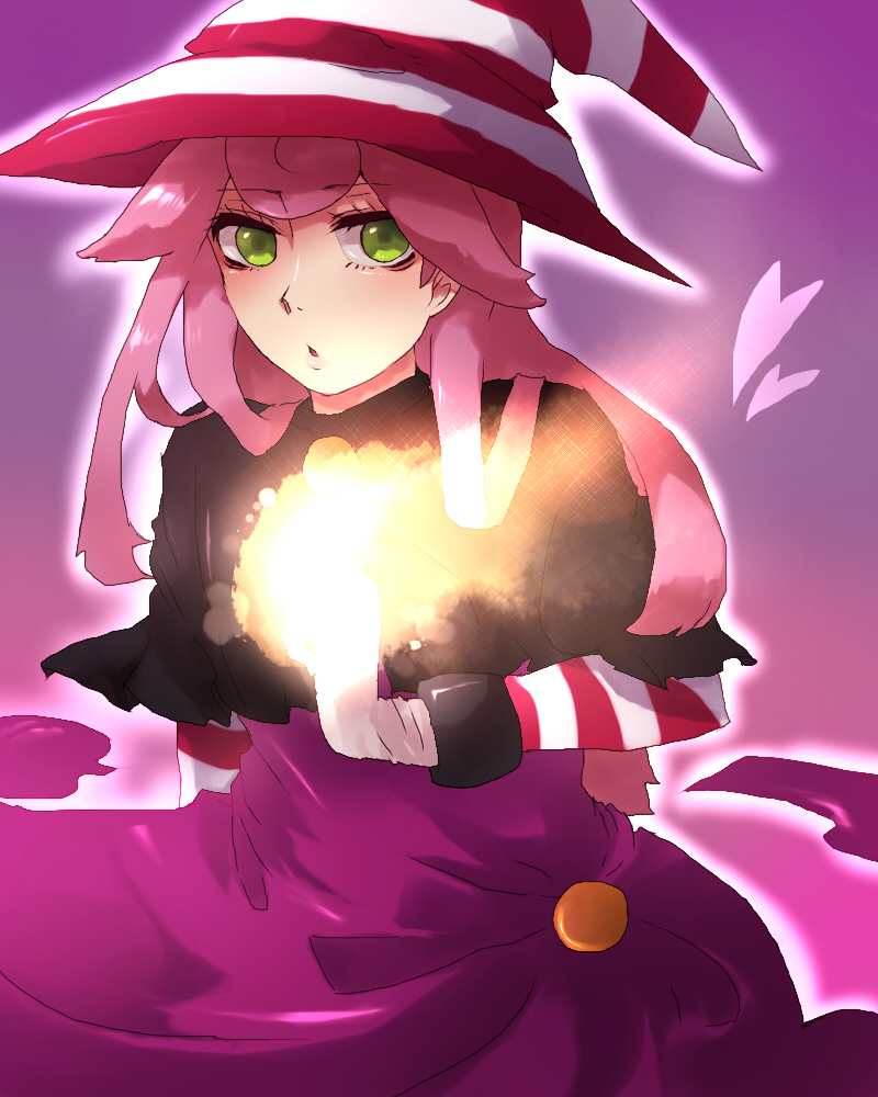 1girl dress gloves green_eyes hat heart lgw7 long_hair looking_at_viewer super_mario_bros. outline parted_lips pink_hair solo striped_hat super_paper_mario vivian witch_hat