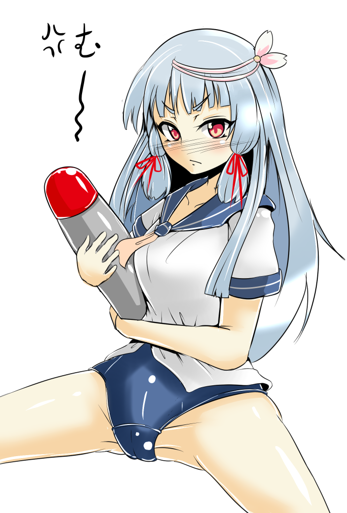 1girl anger_vein blue_hair i-58_(kantai_collection) i-58_(kantai_collection)_(cosplay) kantai_collection murakumo_(kantai_collection) red_eyes simple_background solo thighs torii5011 torpedo white_background