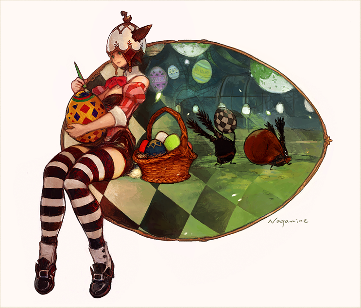 1girl animal_ears basket chocobo easter_egg egg final_fantasy final_fantasy_xiv miqo'te official_art paintbrush painting rabbit ribbon spriggan_(final_fantasy) striped tail thigh-highs zettai_ryouiki