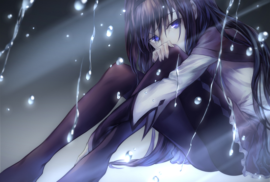 1girl akemi_homura azmodan black_hair black_legwear leg_hug long_hair mahou_shoujo_madoka_magica pantyhose sitting solo violet_eyes water_drop