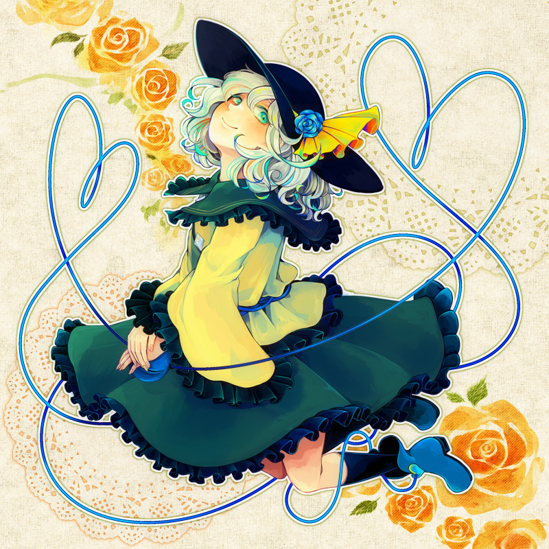 1girl blue_rose blush boots fingernails floral_print flower frilled_shirt frilled_skirt frilled_sleeves frills green_eyes hands_in_lap hat hat_flower hat_ornament hat_ribbon heart heart_of_string holding komeiji_koishi long_sleeves looking_at_viewer ribbon rose shirt shoes short_hair silver_hair simple_background skirt smile socks solo subterranean_animism third_eye touhou wide_sleeves yonago