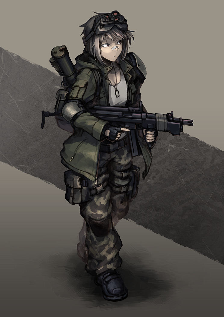 1girl backpack bag bandages belt brown_hair camouflage camouflage_pants coat dog_tags elbow_pads fingerless_gloves foregrip gloves goggles gun h&amp;k_ump heckler_&amp;_koch hetza_(hellshock) knee_pads m-72_law night_vision_device original pouch red_eyes short_hair submachine_gun tank_top thigh_strap weapon