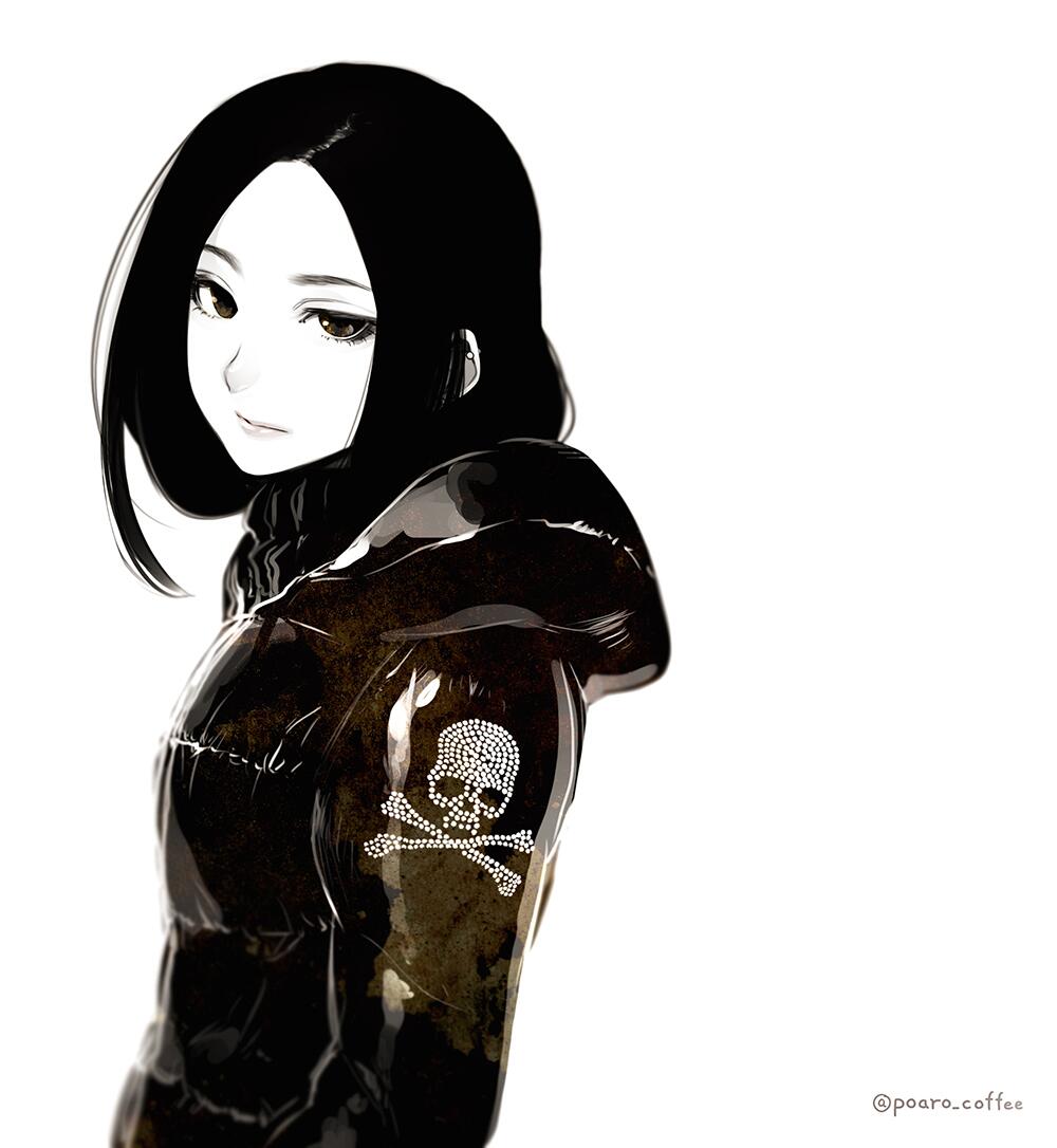 1girl black_hair brown_eyes commentary_request emblem eyelashes from_side hooded_jacket jacket lips long_hair looking_at_viewer monochrome original poaro revision sequins simple_background skull_and_crossbones solo spot_color sweater twitter_username white_background