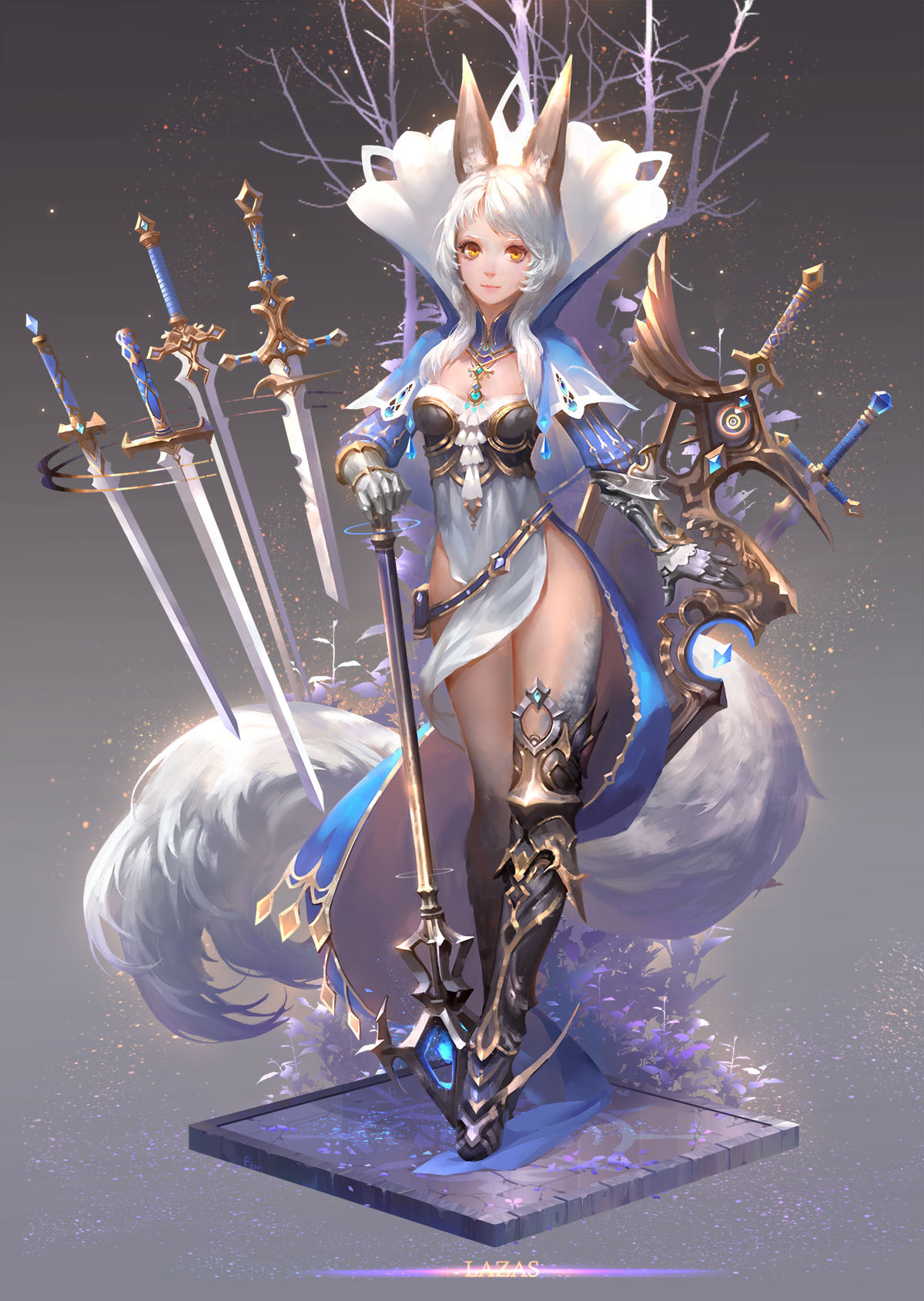 1girl amber_eyes animal_ears armor armored_dress belt cat_ears faux_figurine floating fom_(lifotai) fox_tail full_body gauntlets gradient gradient_background grey_background highres jewelry lazas long_hair looking_at_viewer necklace original pixiv_fantasia pixiv_fantasia_fallen_kings pouch scepter solo standing sword tail thighs tree weapon white_hair