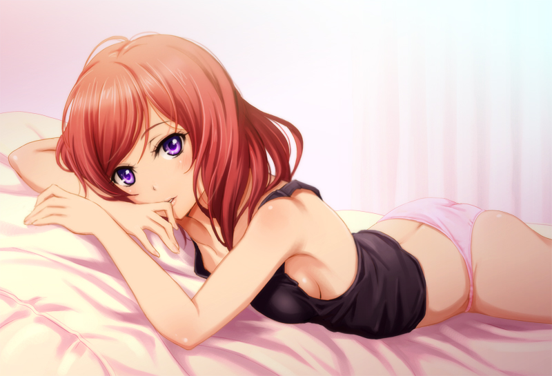 1girl bed_sheet blush breasts lips looking_at_viewer love_live!_school_idol_project lying nishikino_maki on_stomach panties parted_lips pink_panties redhead shian_(my_lonly_life.) short_hair sideboob solo tank_top underwear violet_eyes