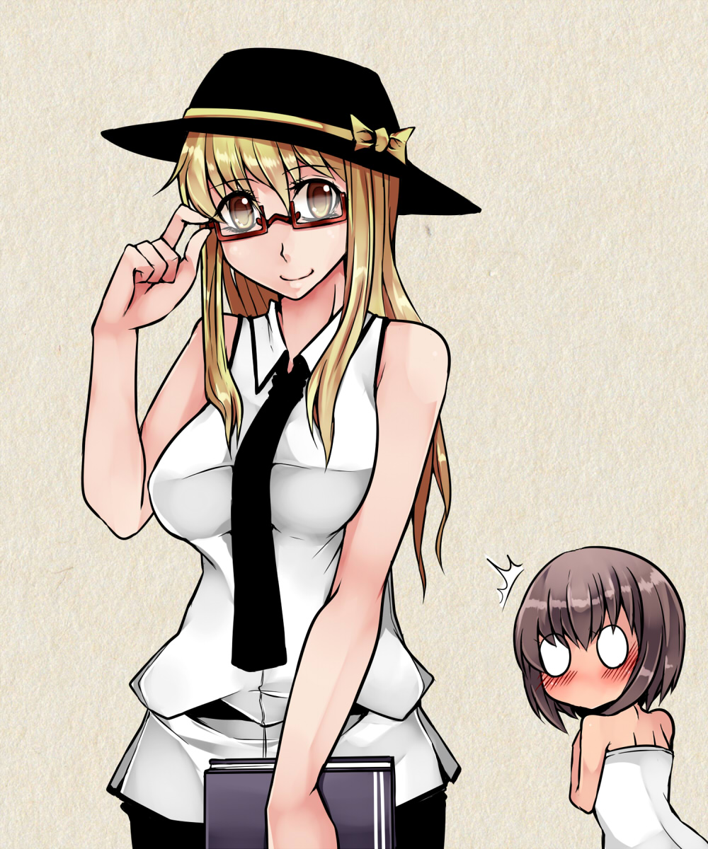2girls adjusting_glasses aoshima bare_arms bare_shoulders bespectacled blonde_hair blush book breasts brown_hair carrying glasses hat hat_removed headwear_removed highres large_breasts looking_at_viewer maribel_hearn multiple_girls naked_towel necktie o_o red-framed_glasses skirt sleeveless sleeveless_shirt smile surprised touhou towel usami_renko usami_renko_(cosplay) yellow_eyes