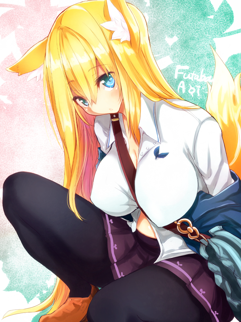 1girl animal_ears black_legwear blonde_hair blue_eyes blush breasts fox_ears fox_tail long_hair naomi_(sekai_no_hate_no_kissaten) original pantyhose parted_lips shoes skirt solo strap tail