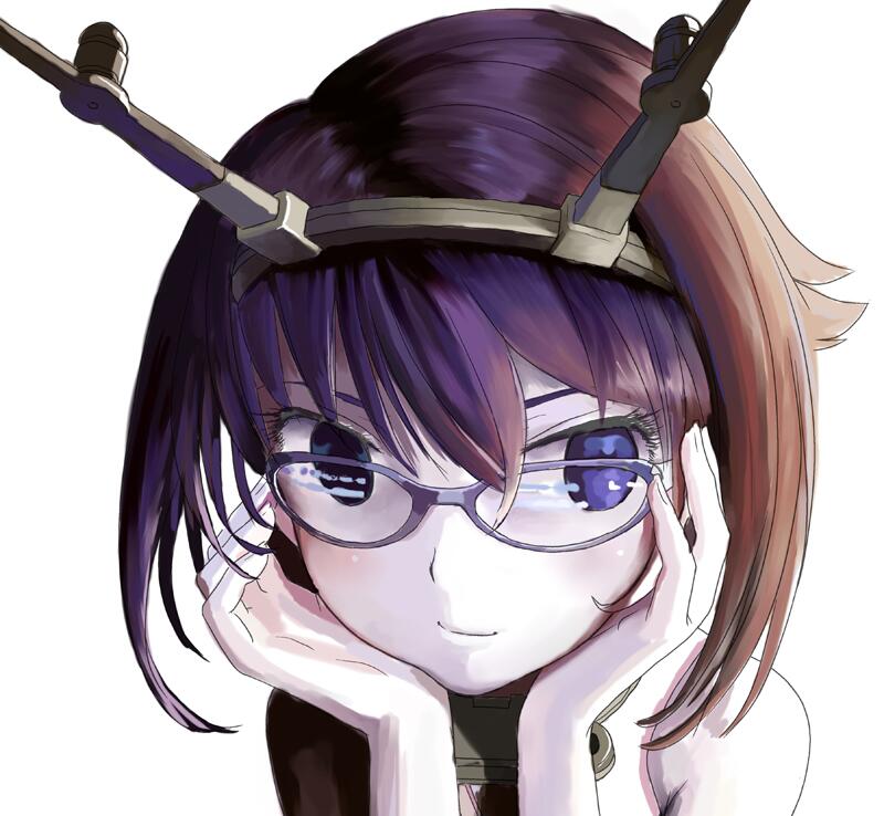 1girl bespectacled blue_eyes brown_hair face glasses kantai_collection light_smile mocha mutsu_(kantai_collection) simple_background smile solo white_background