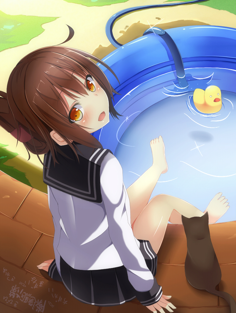 1girl barefoot bird blush brown_eyes brown_hair cat duck folded_ponytail hair_ornament hairclip inazuma_(kantai_collection) kantai_collection long_hair looking_at_viewer open_mouth personification pool school_uniform serafuku skirt smile text toy wading_pool water yahiro_(anhnw)
