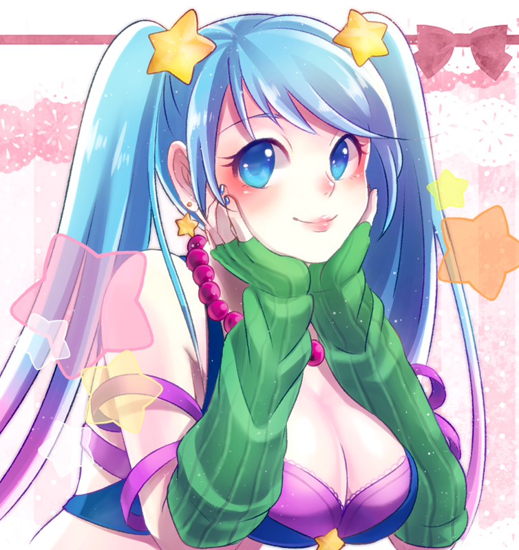 1girl alternate_costume blue_eyes blue_hair blush breasts cleavage earrings fingerless_gloves gloves hands_on_own_cheeks hands_on_own_face jewelry league_of_legends lips mizoreame smile solo sona_buvelle star star_earrings twintails