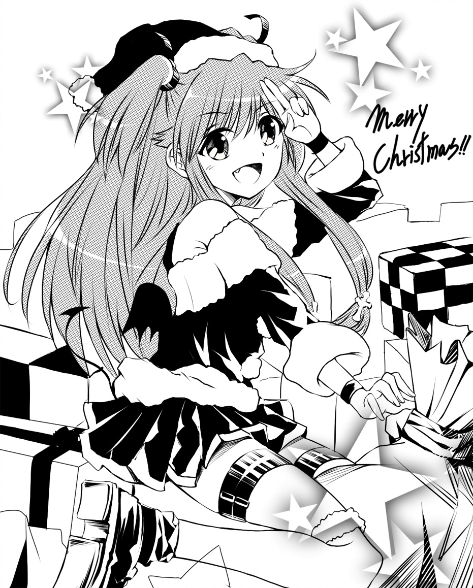 1girl angel_beats! christmas fang gift hat long_hair monochrome salute santa_costume santa_hat sitting tazu twintails two_side_up wariza yui_(angel_beats!)