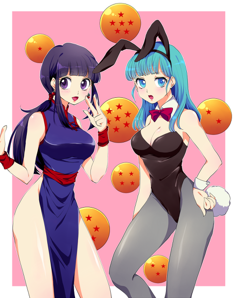 -_- 2girls :d animal_ears armband artist_request bangs black_hair blue_eyes blue_hair blush bowtie breasts bulma bunnysuit chichi china_dress chinese_clothes cleavage detached_collar dragon_ball earrings hair_ornament jewelry large_breasts leotard multiple_girls open_mouth pantyhose pink_background pixiv_thumbnail ponytail rabbit_ears resized smile violet_eyes wrist_cuffs