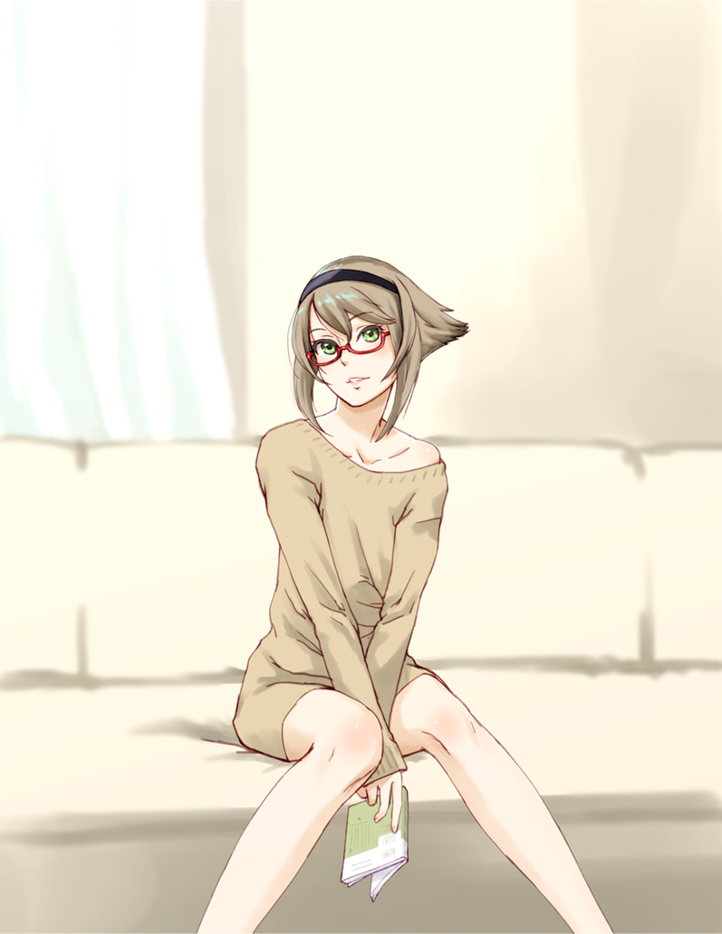 book brown_hair casual couch echonao199x glasses green_eyes hairband kantai_collection looking_up mutsu_(kantai_collection) red-framed_glasses short_hair sitting smile